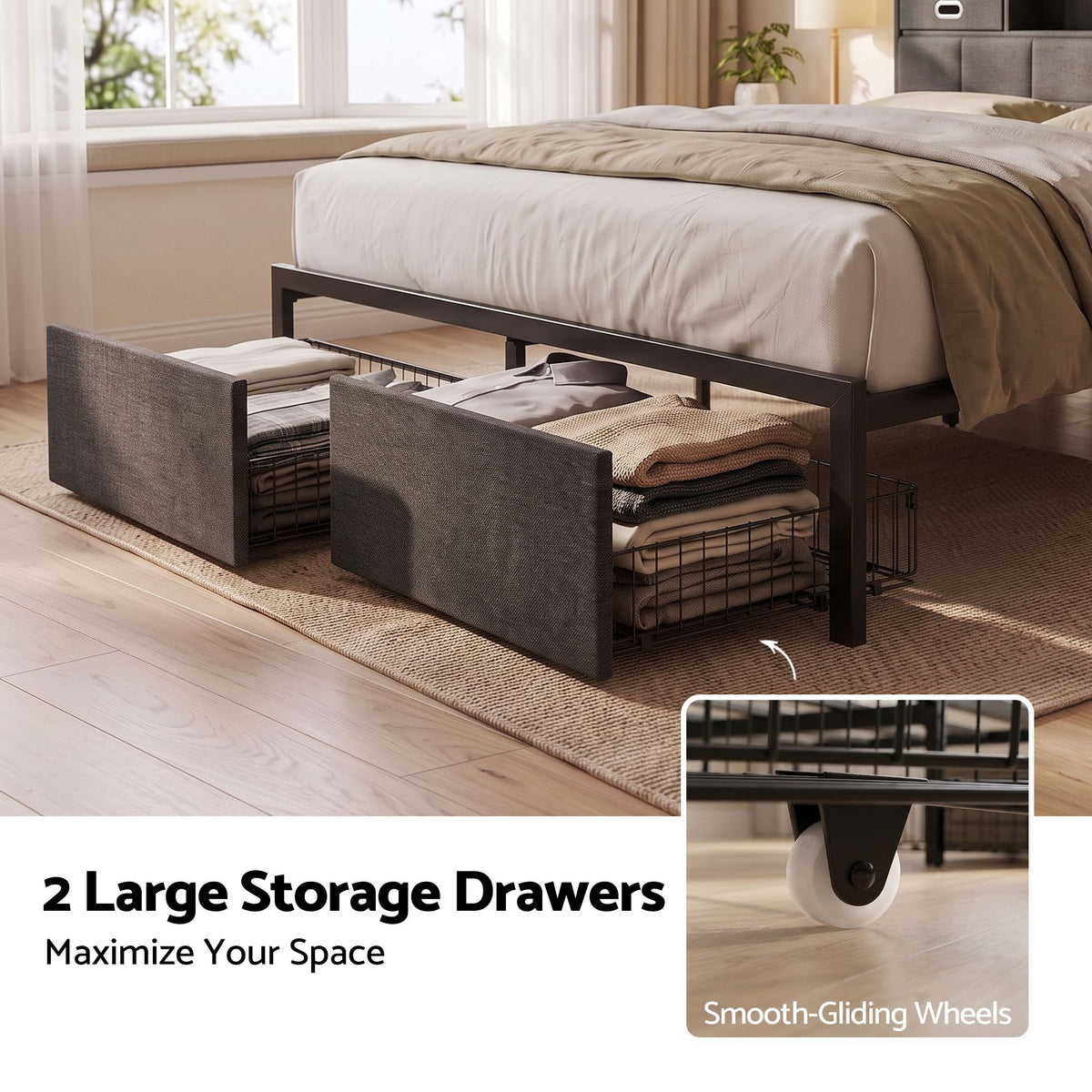 Artiss Double Bed Frame with 2 Storage Drawers & Headboard, USB Charging Station, RGB LED Light