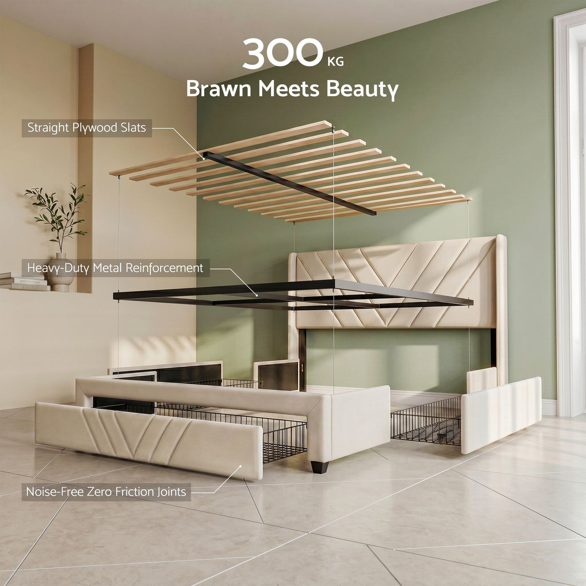 Artiss Double Bed Frame with Charging Station and Storage Drawers Beige 300KG Noise Free