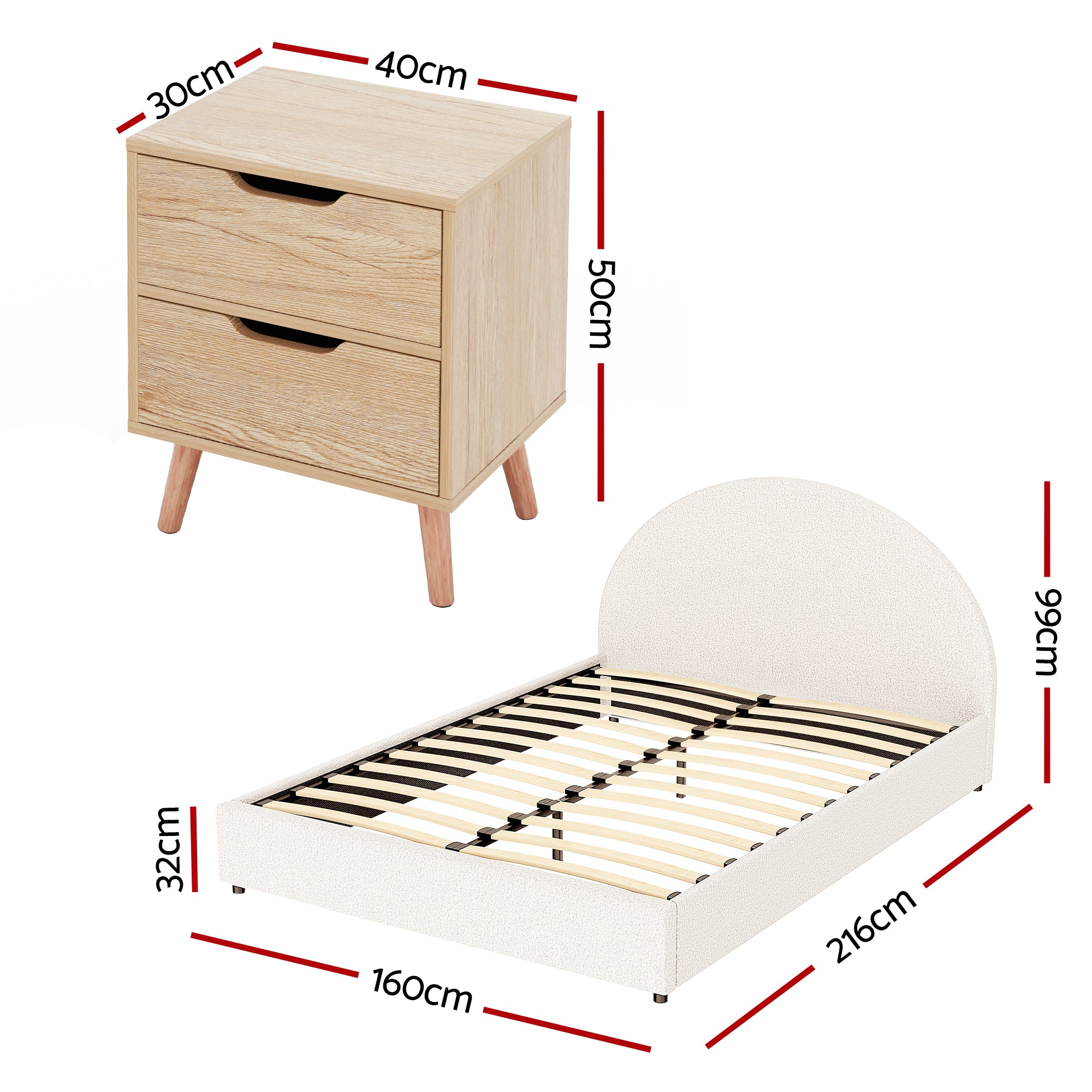 Artiss Gas Lift Queen Bed Frame with Bedside Table Set Bed Nightstand Beige