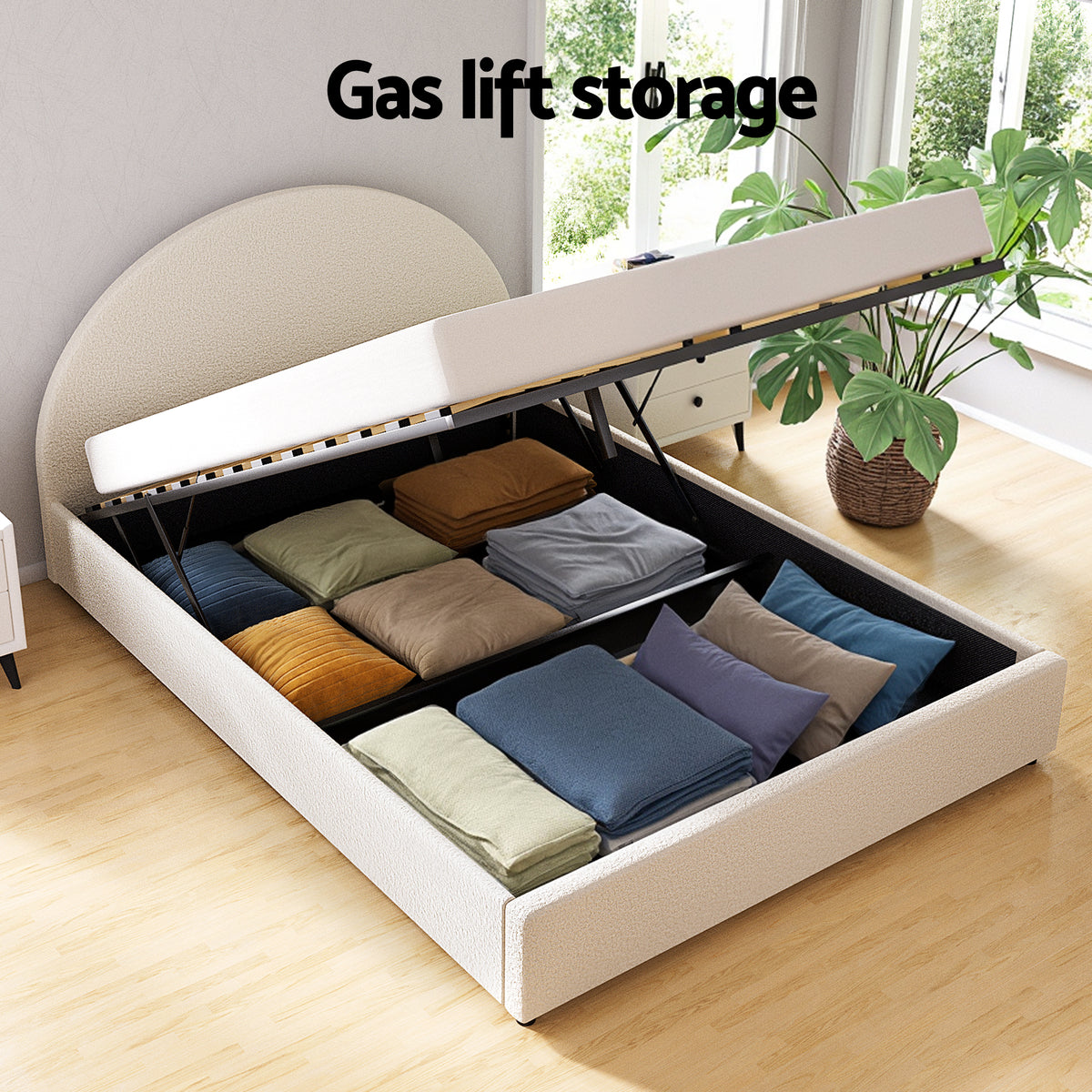 Artiss Gas Lift Queen Bed Frame with Bedside Table Set Bed Nightstand Beige