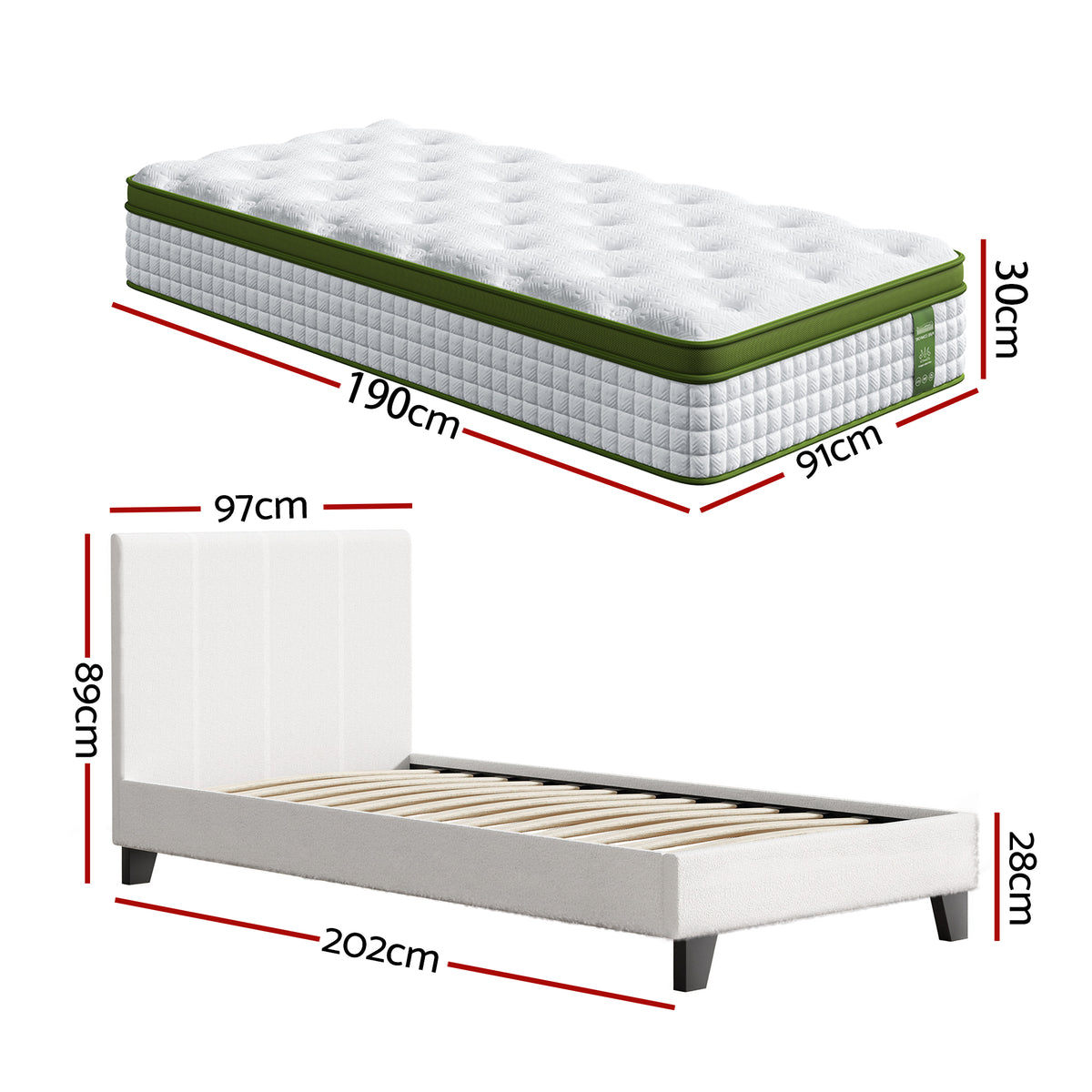 Artiss Single Bed Frame with Hybrid Mattress Set 30cm Medium Firm Platform Headboard