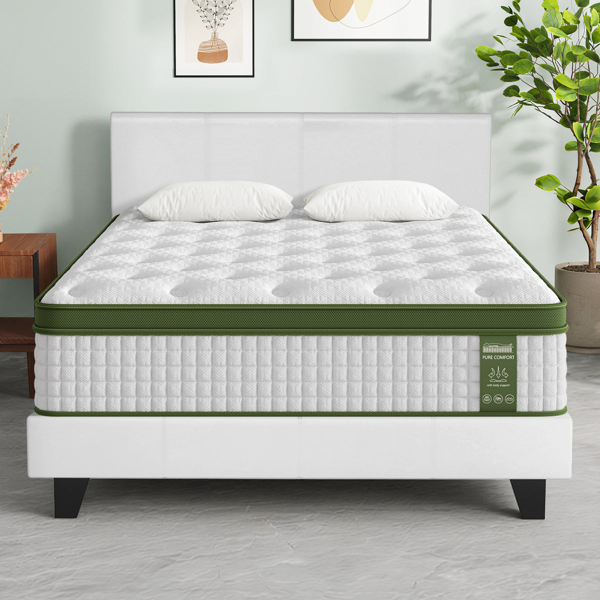 Artiss Bed Story Queen Bed Frame Set with Hybrid Mattress and Leather Frame Medium White
