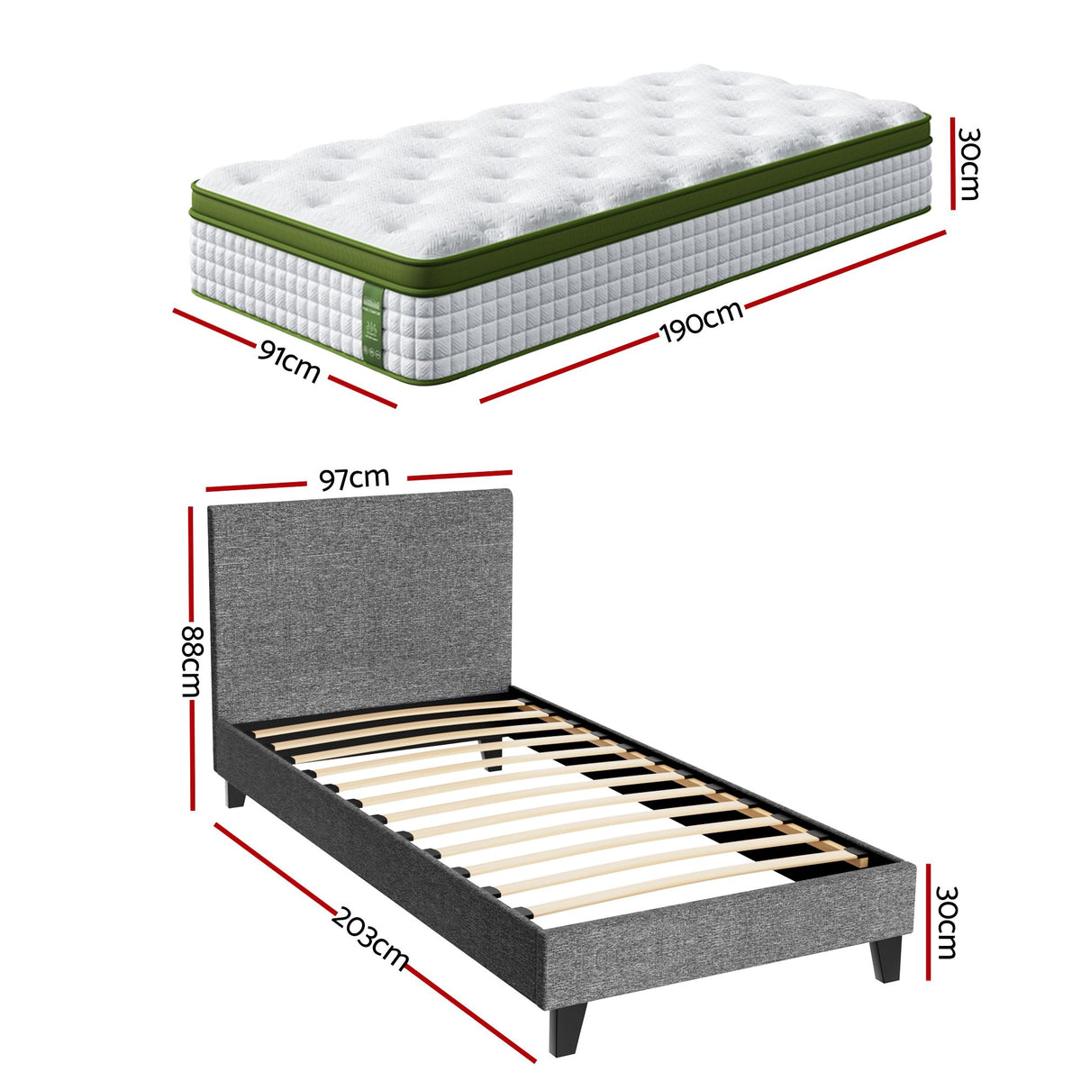 Artiss BedStory Single Bed Frame and Mattress Set with Upholstered Base Grey