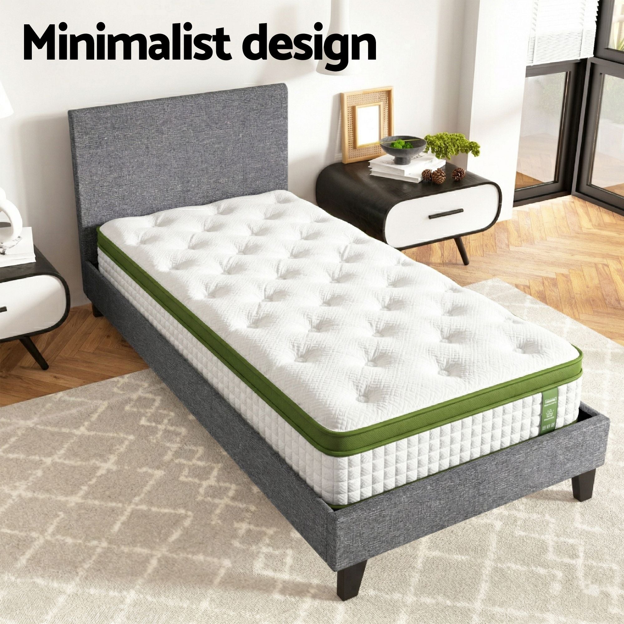 Artiss BedStory Single Bed Frame and Mattress Set with Upholstered Base Grey