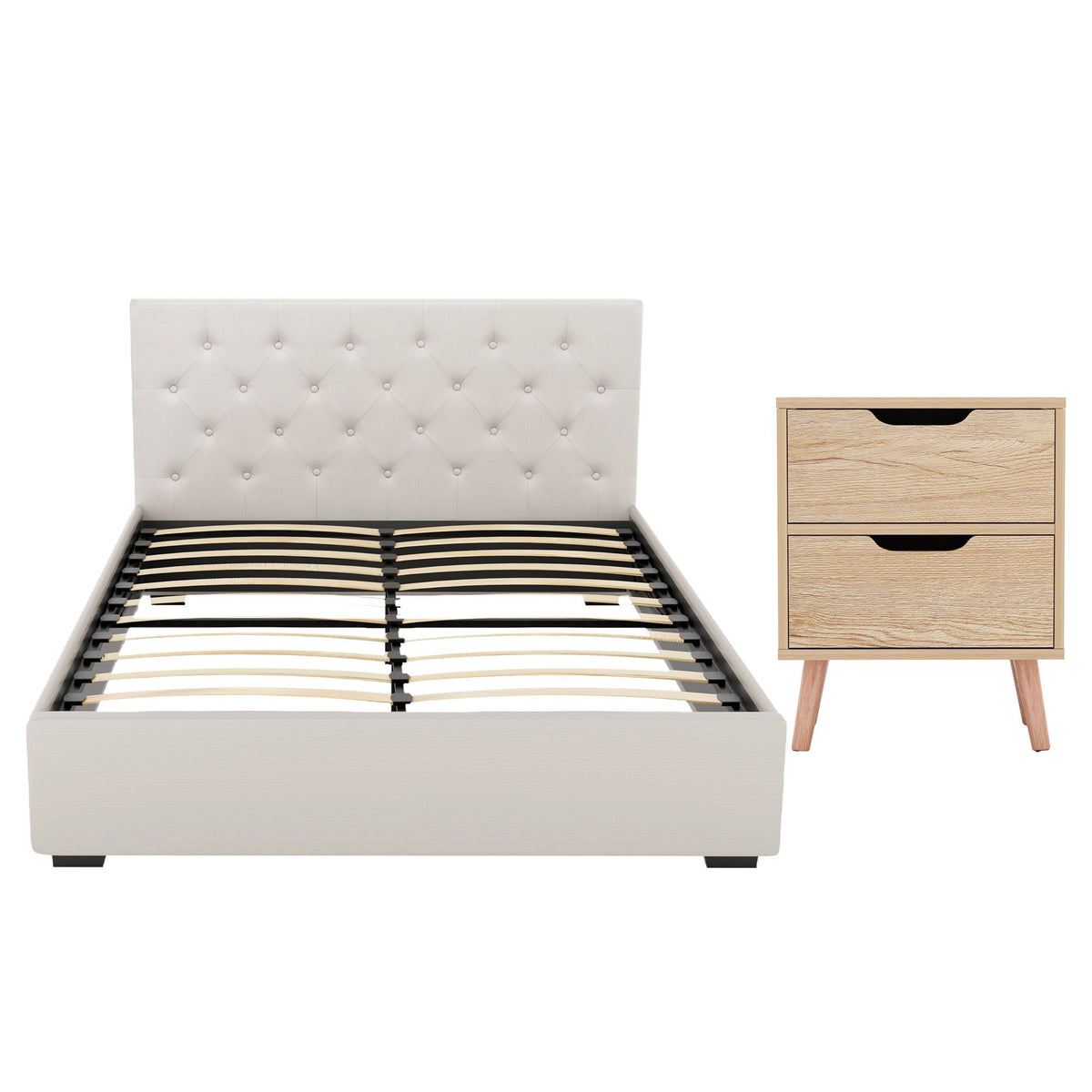 Artiss Double Bed Frame with Storage and Bedside Table Set Gas Lift Bed Base