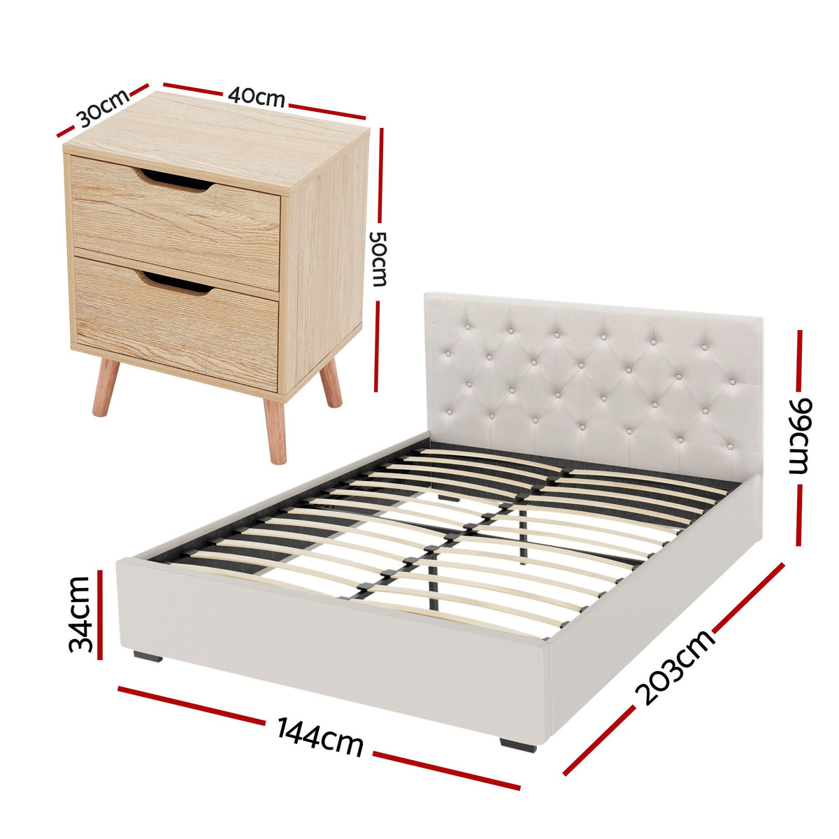 Artiss Double Bed Frame with Storage and Bedside Table Set Gas Lift Bed Base
