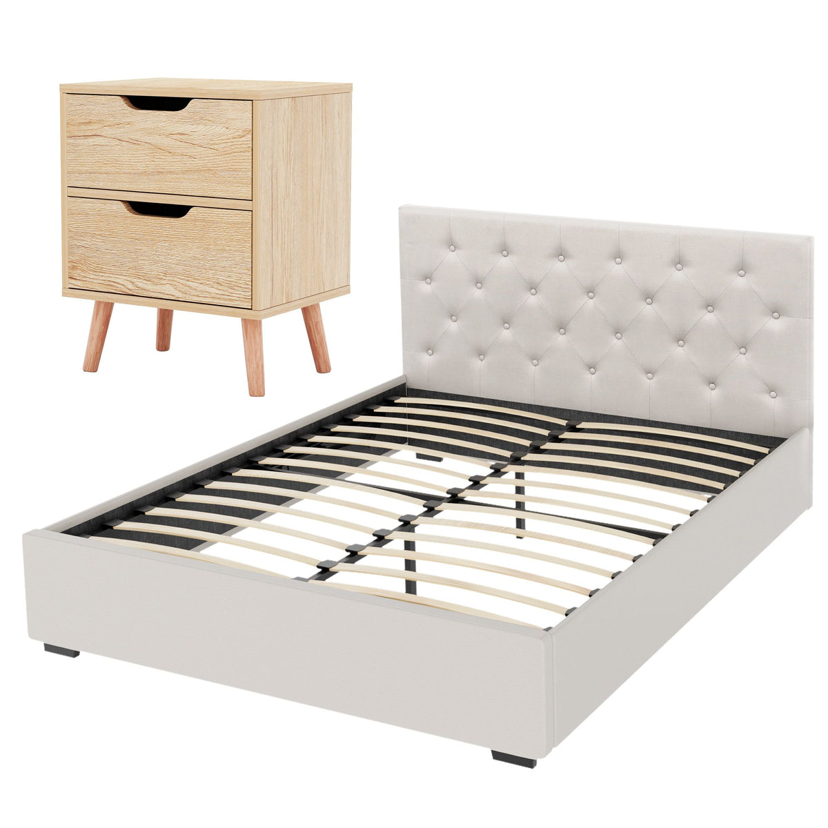Artiss Double Bed Frame with Storage and Bedside Table Set Gas Lift Bed Base