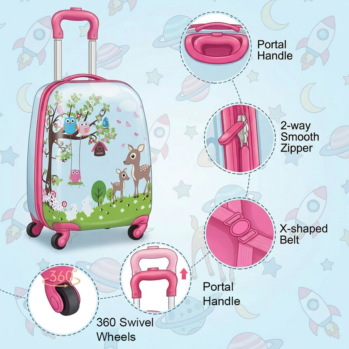 2 Piece Kids Luggage Set Retractable Handle 4 Wheels Suitcase Travel Carry On