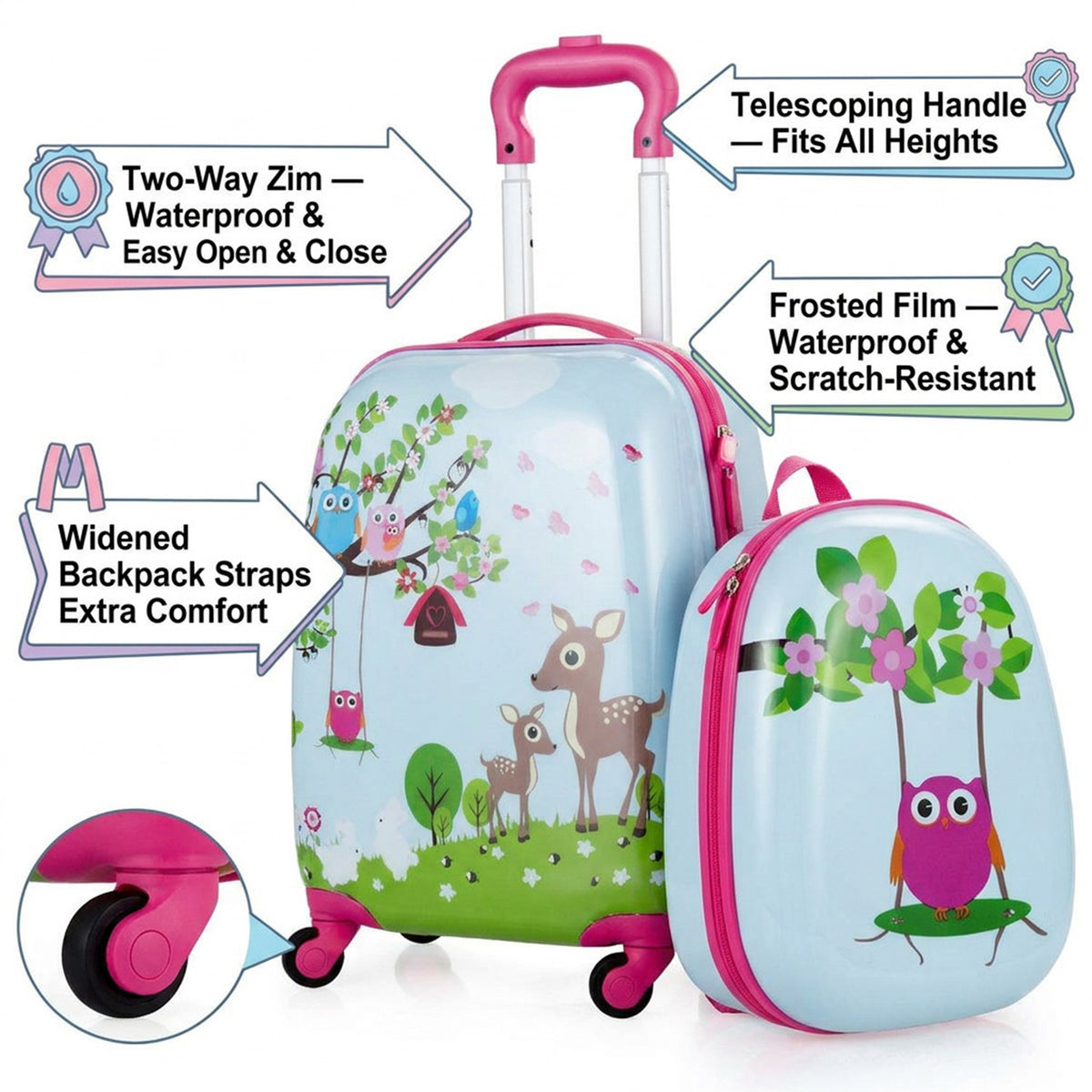 2 Piece Kids Luggage Set Retractable Handle 4 Wheels Suitcase Travel Carry On