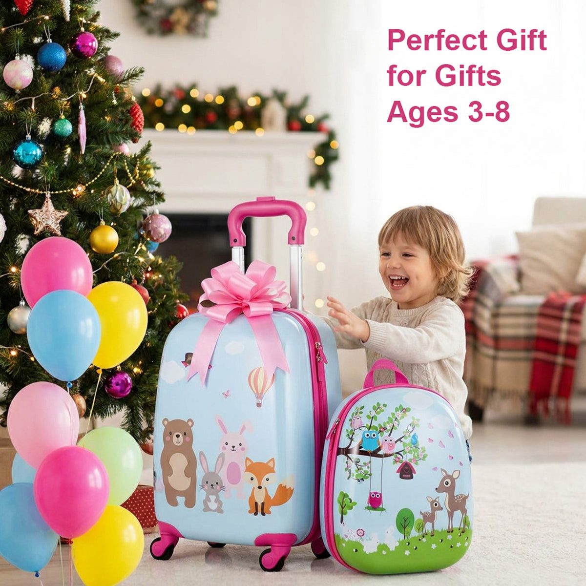2 Piece Kids Luggage Set Retractable Handle 4 Wheels Suitcase Travel Carry On