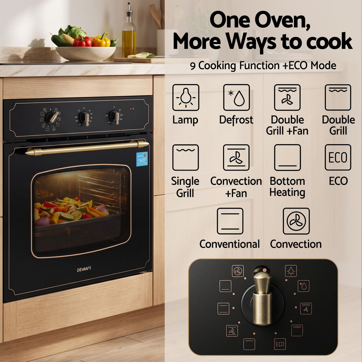 Devanti 60cm Built-In Electric Oven 80L Gross 9 Functions Black