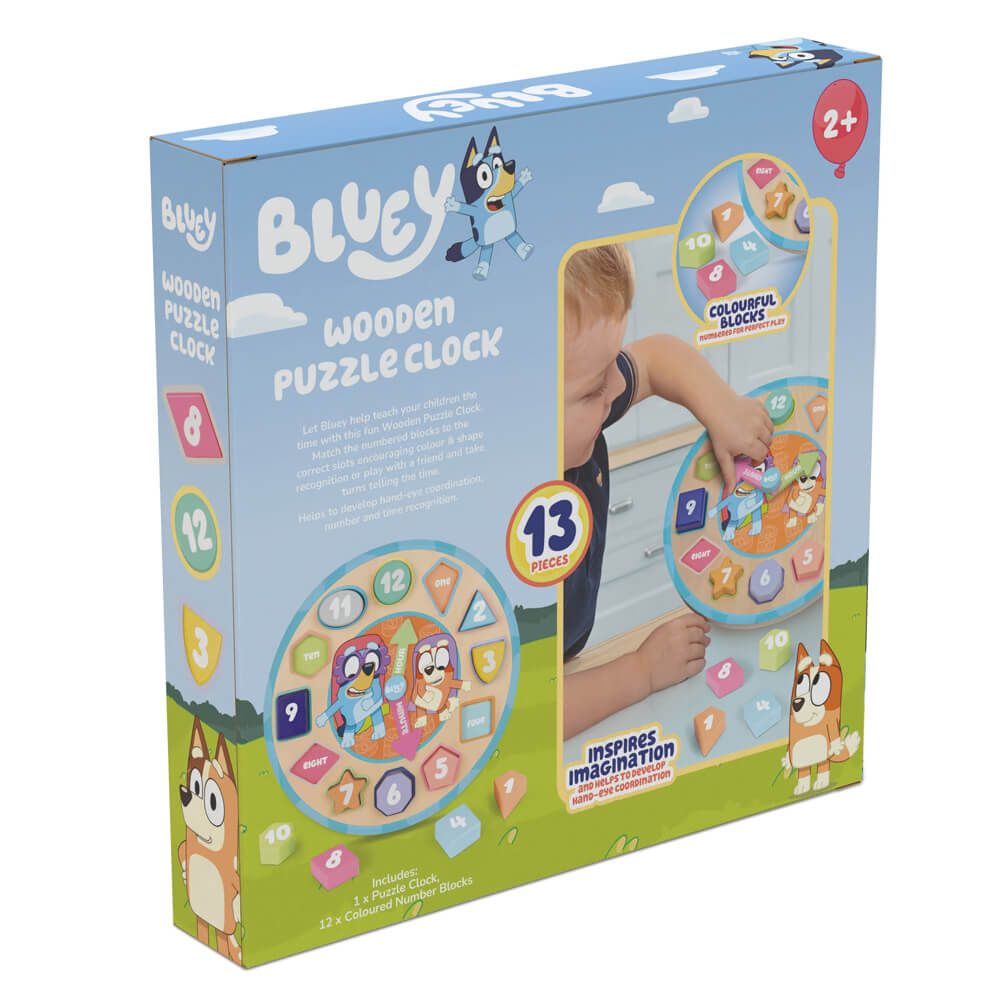 Bluey Wooden Puzzle Clock Learn to Tell Time Shape Number Sequence for 2+ Years