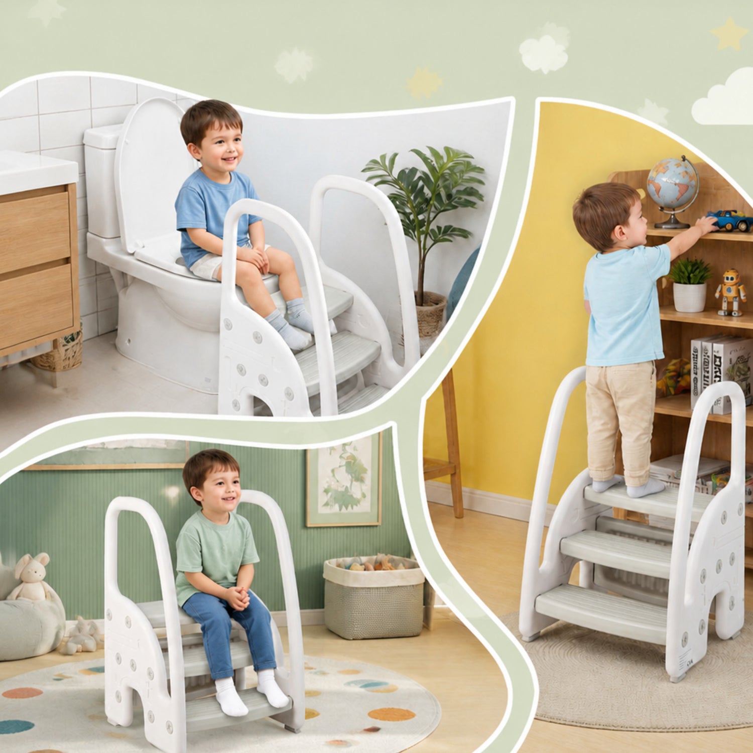 3 Step Toddler Learning Stool with Safety Handles Non Slip Pedals