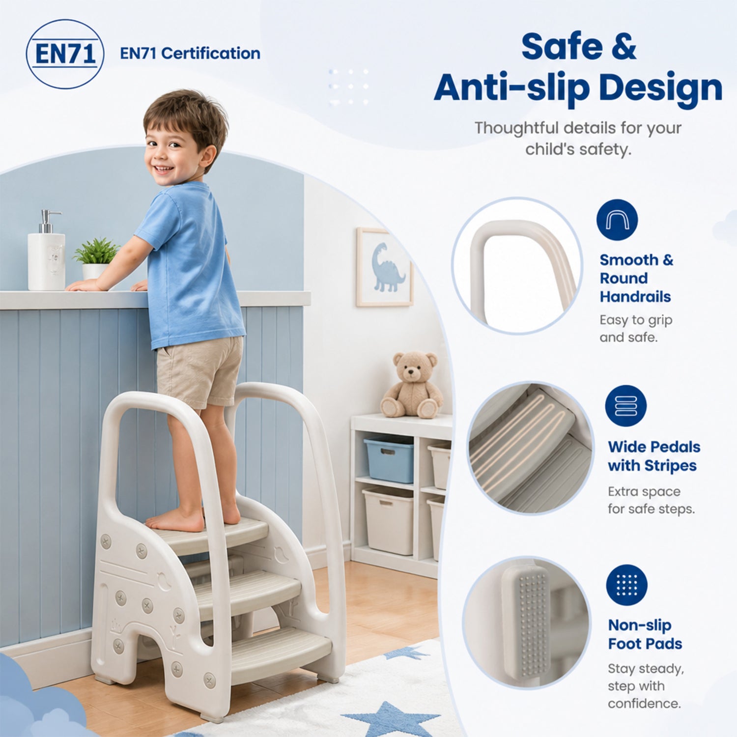 3 Step Toddler Learning Stool with Safety Handles Non Slip Pedals