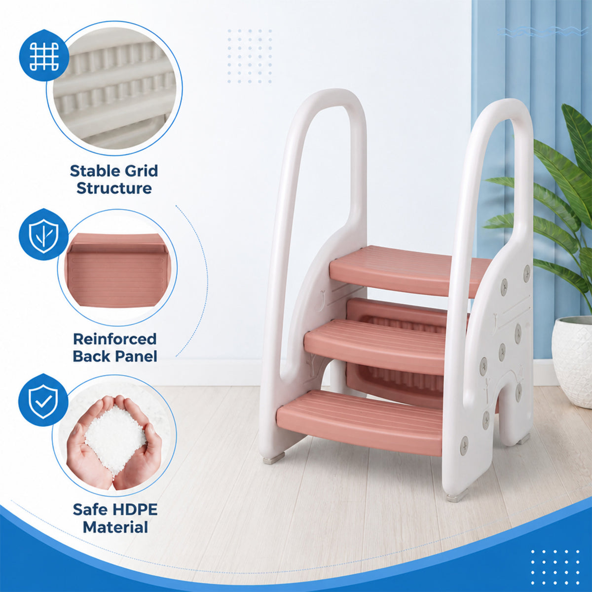 3 Step Toddler Learning Stool with Safety Handles Non Slip Pedals
