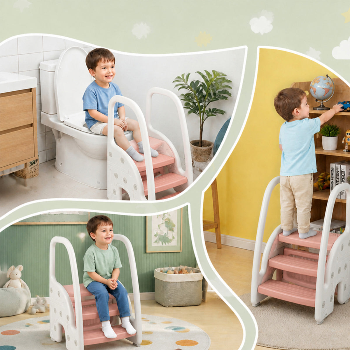 3 Step Toddler Learning Stool with Safety Handles Non Slip Pedals