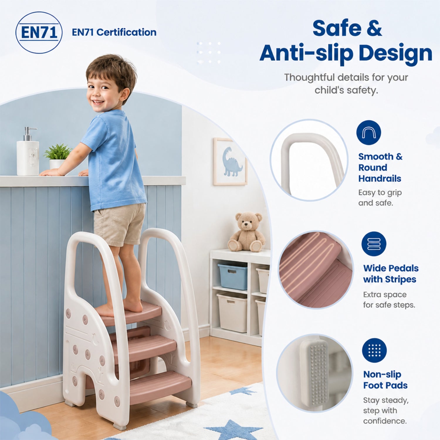 3 Step Toddler Learning Stool with Safety Handles Non Slip Pedals