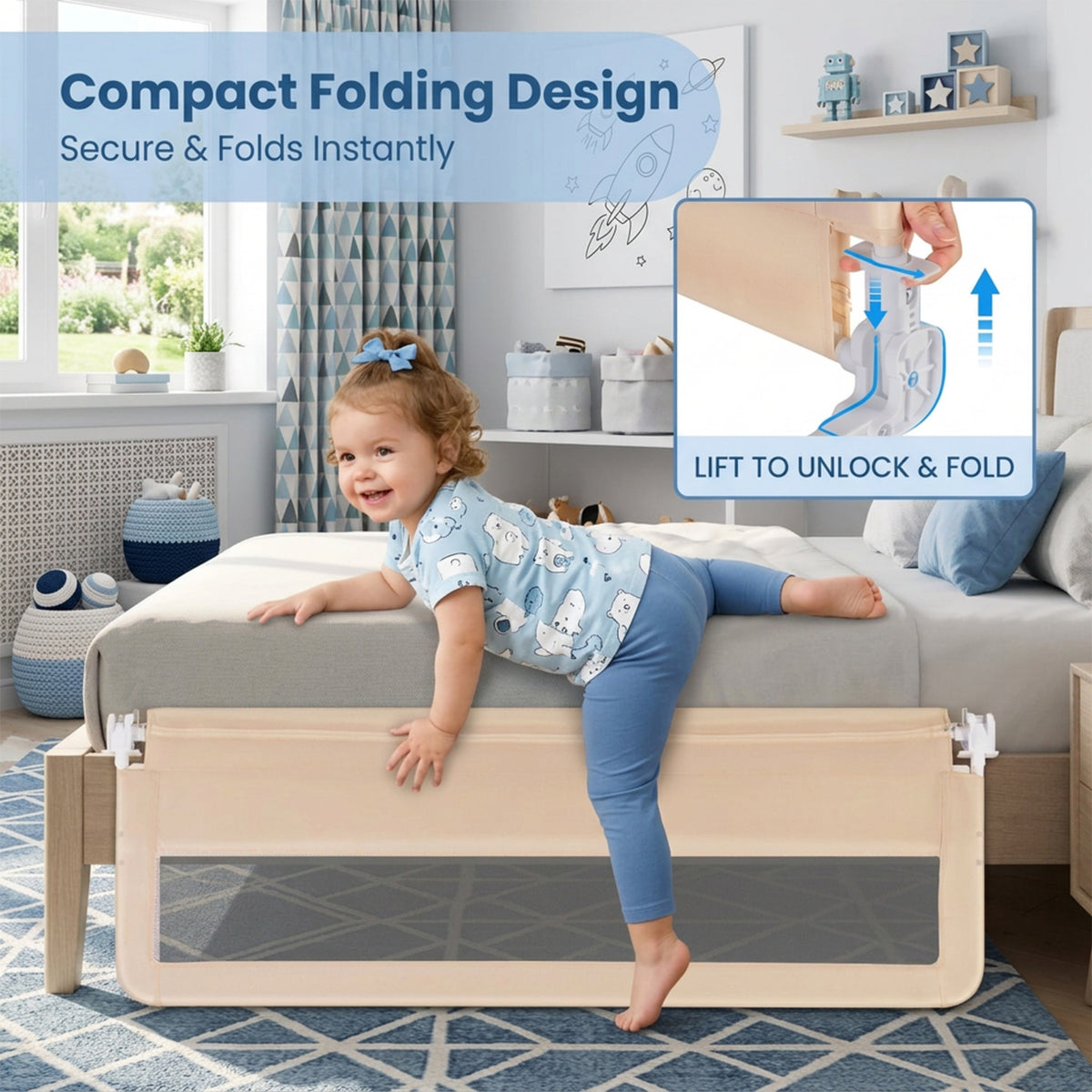 Foldable Toddler Bed Guard Rail 150cm Safety Barrier Removable Cover BPA Free