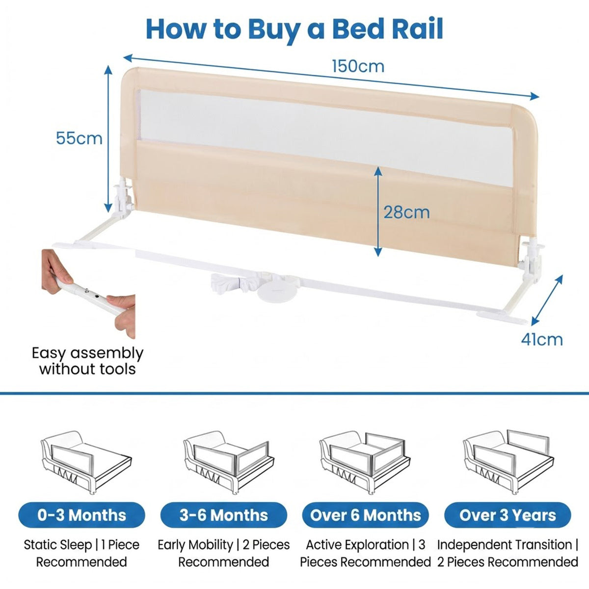 Foldable Toddler Bed Guard Rail 150cm Safety Barrier Removable Cover BPA Free