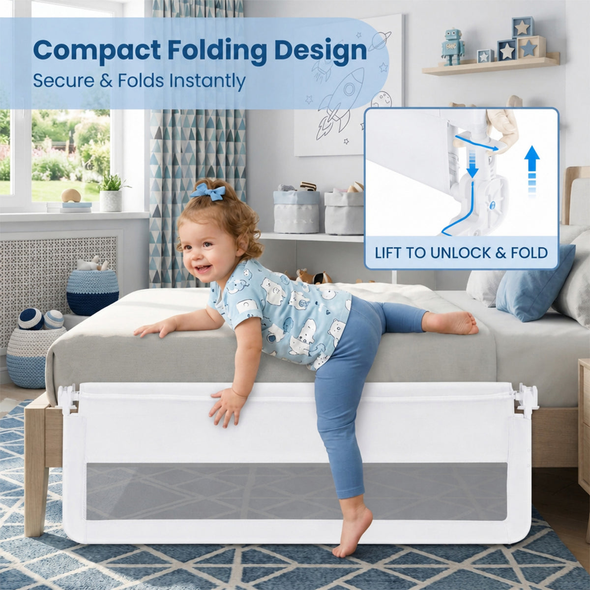 Foldable Toddler Bed Guard Rail 150cm Safety Barrier Removable Cover BPA Free