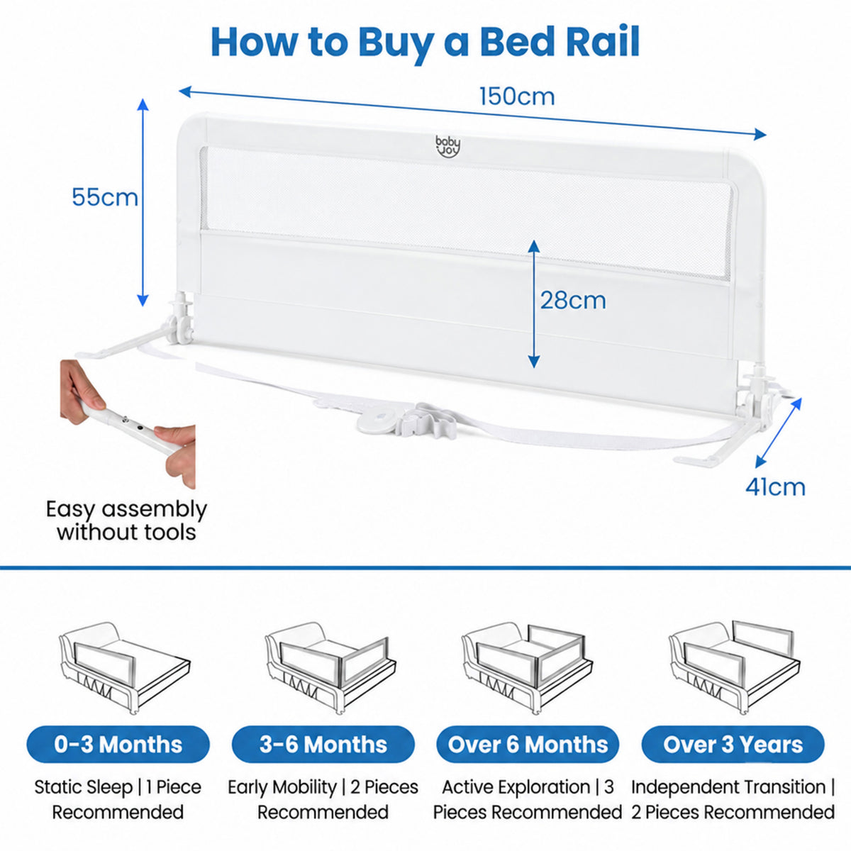 Foldable Toddler Bed Guard Rail 150cm Safety Barrier Removable Cover BPA Free