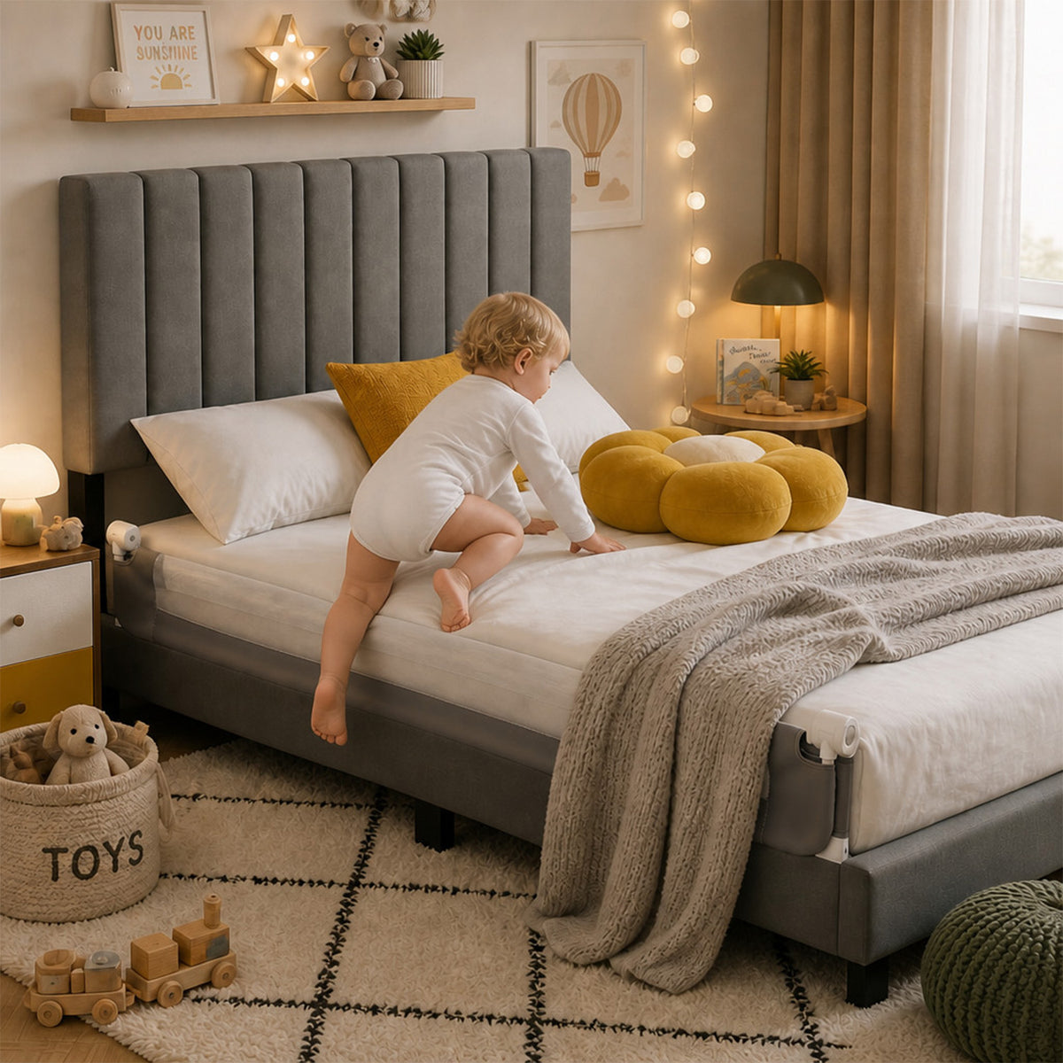 Foldable Toddler Bed Rail Guard Adjustable Safety Strap Grey Kids