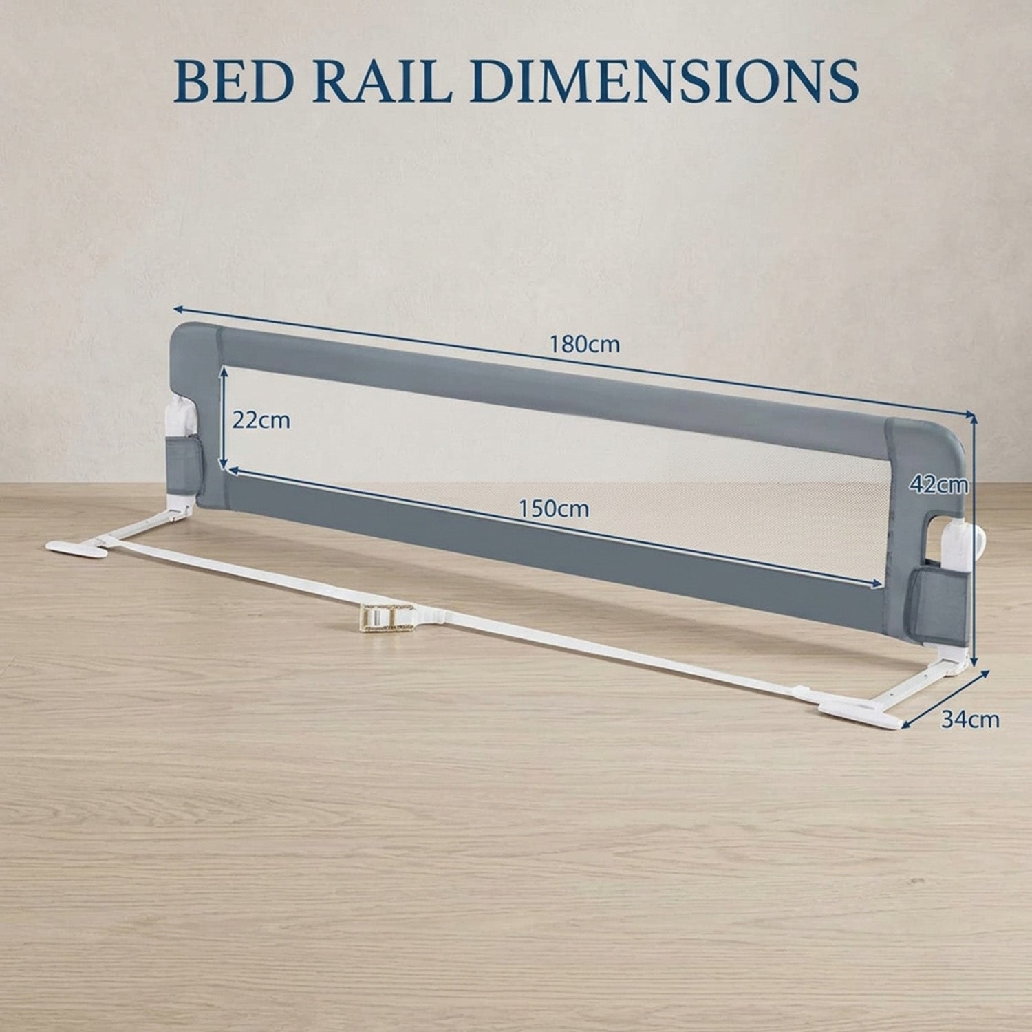 Foldable Toddler Bed Rail Guard Adjustable Safety Strap Grey Kids