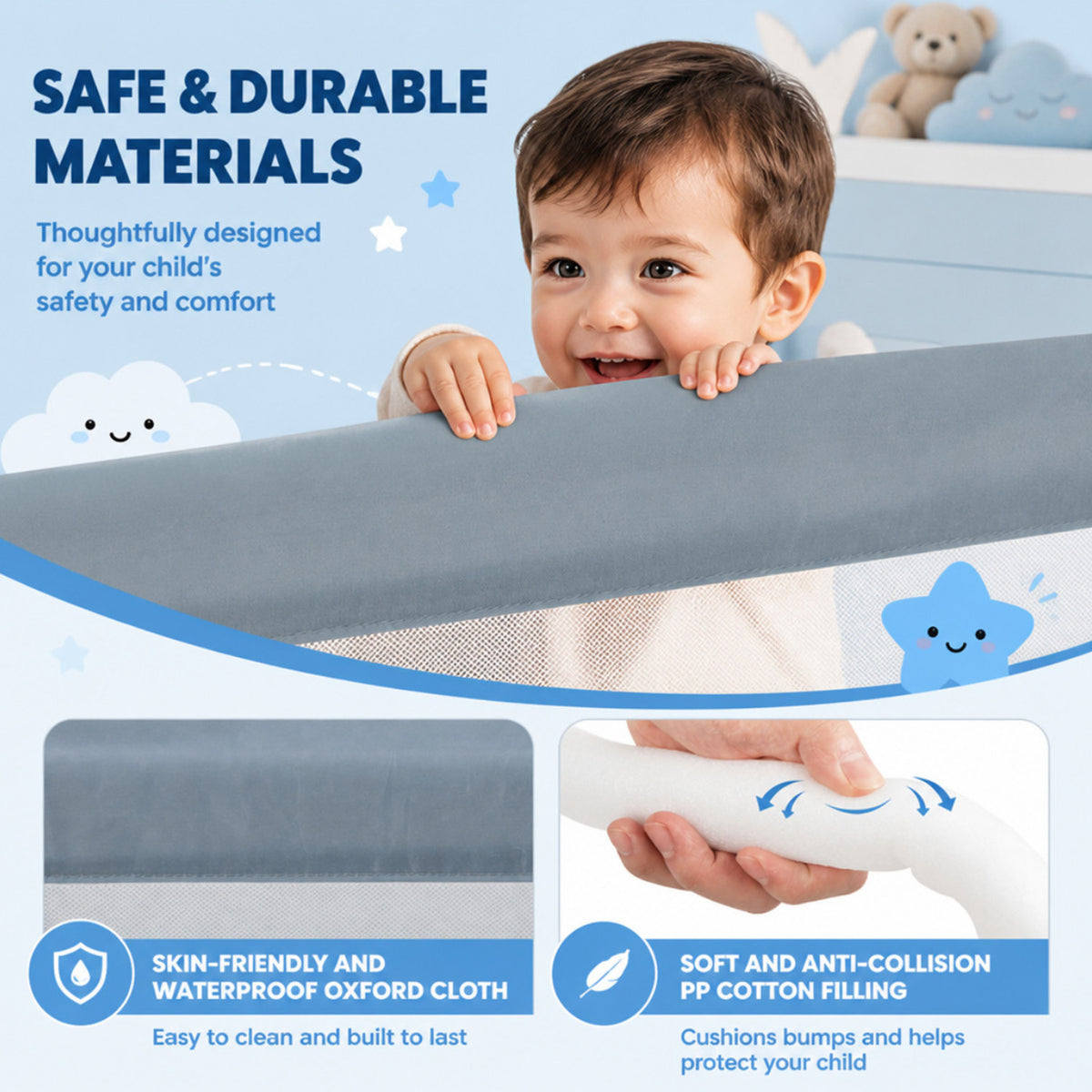 Foldable Toddler Bed Rail Guard Adjustable Safety Strap Grey Kids