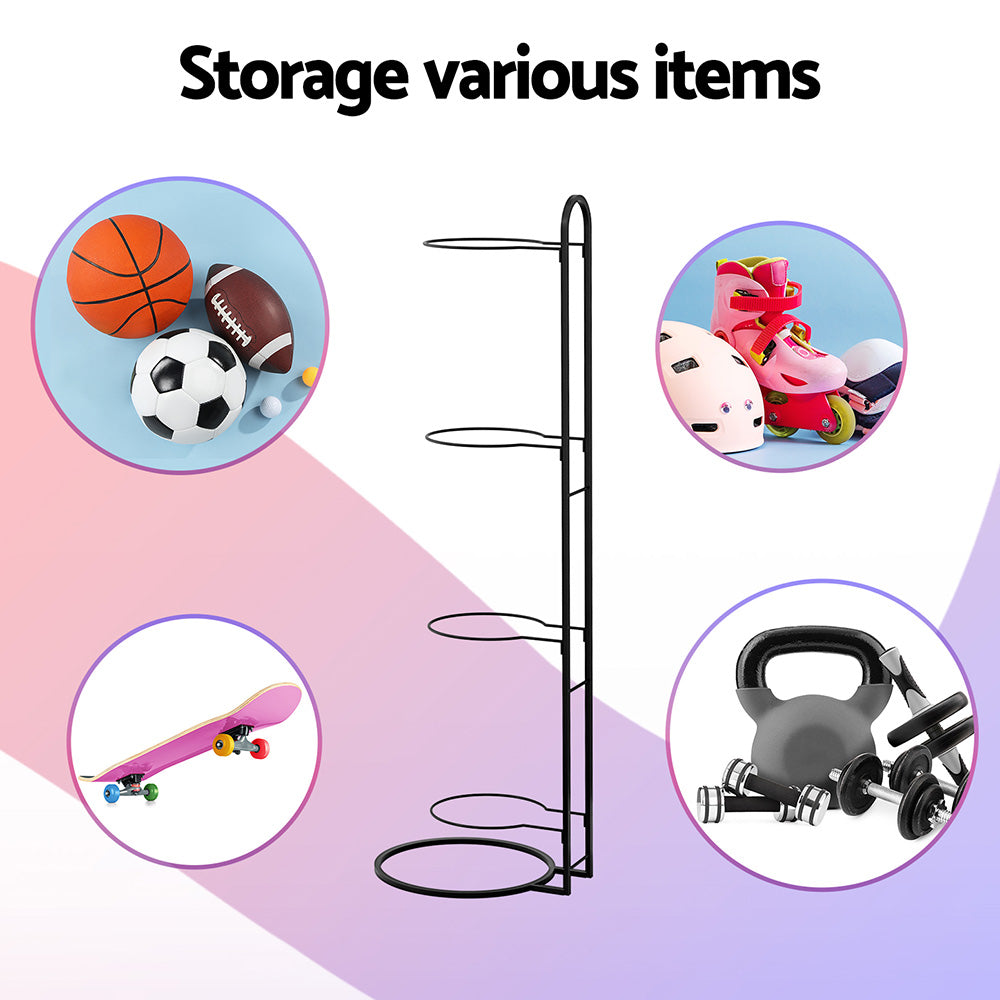 Everfit Ball Storage Rack Sports Equipment Organizer 4-Tier Holder for Garage Gym Black