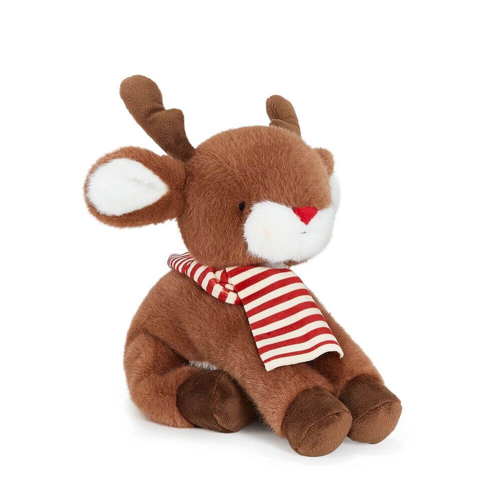 Bunnies By The Bay Rudie The Reindeer Soft Plush Toy with striped scarf