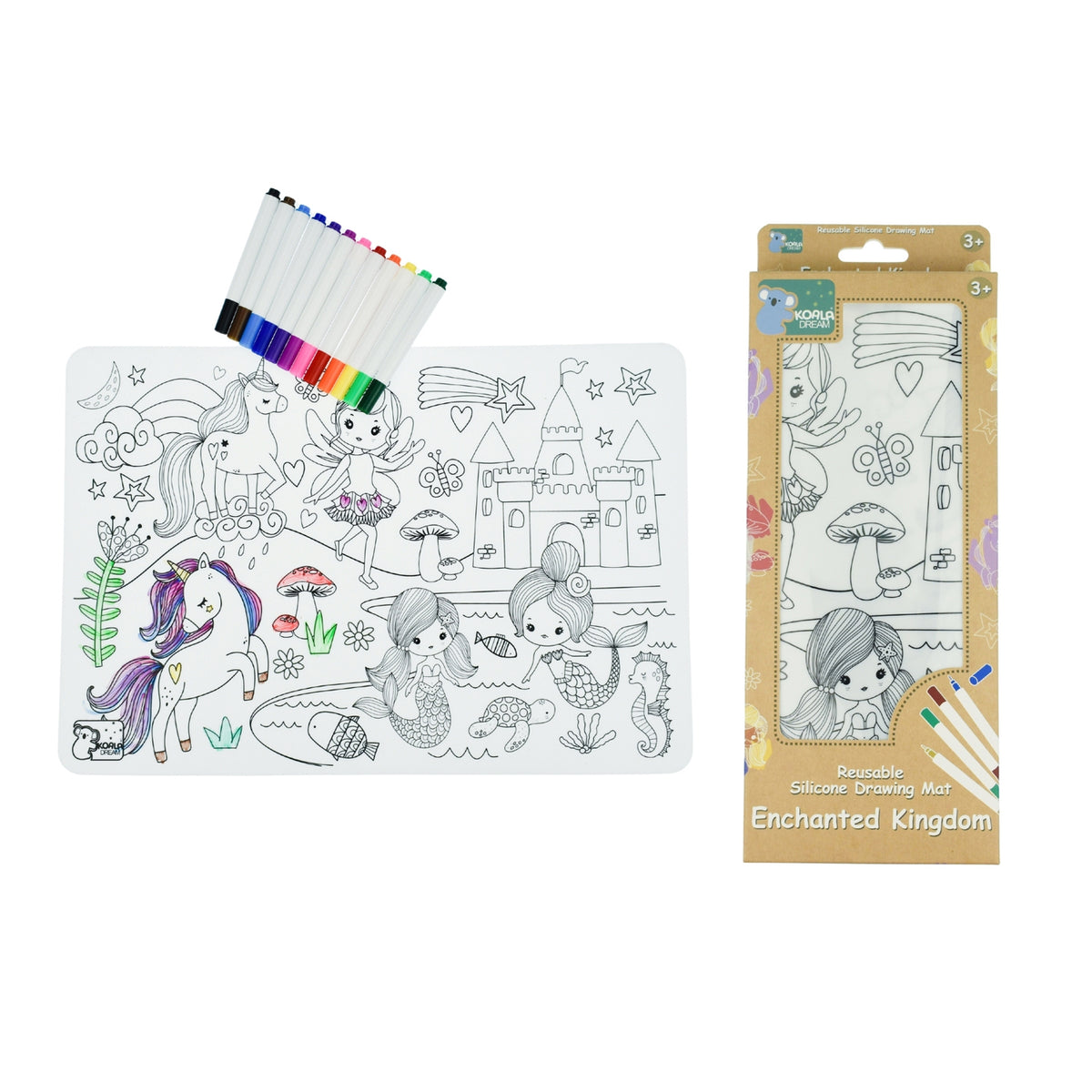 Koala Reusable Silicone Drawing Mat Enchanted Kingdom 12 Washable Markers