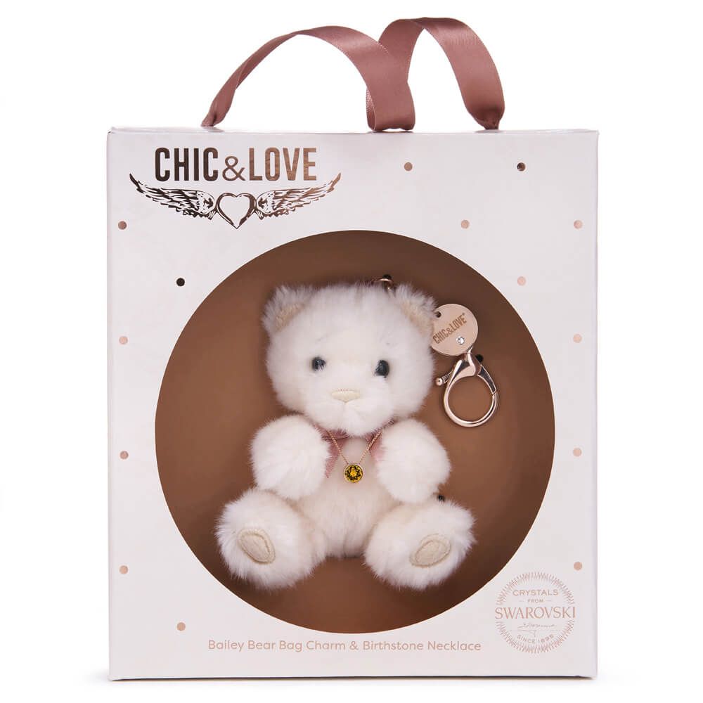 Chic & Love Bailey Bear Bag Charm & Birthstone Necklace November Rose Gold