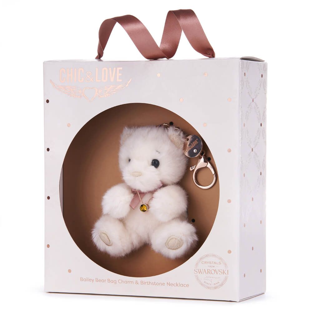 Chic & Love Bailey Bear Bag Charm & Birthstone Necklace November Rose Gold