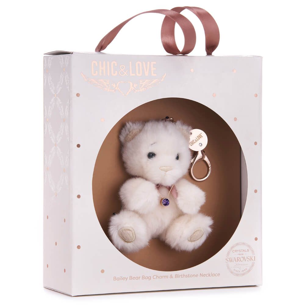Chic & Love Bailey Bear Bag Charm & Birthstone Necklace December Rose Gold