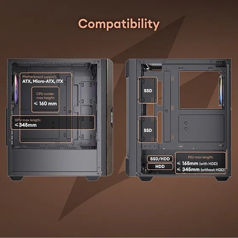 OKINOS Cypress P5 Black Mid-Tower ATX PC Case Oak Wood Trim Tempered Glass 4x120mm ARGB Fans Type-C