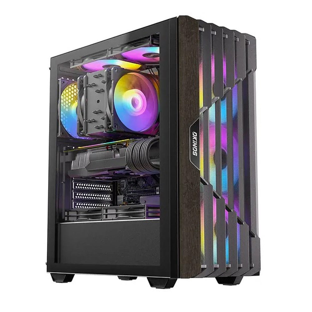 OKINOS Cypress P5 Black Mid-Tower ATX PC Case Oak Wood Trim Tempered Glass 4x120mm ARGB Fans Type-C