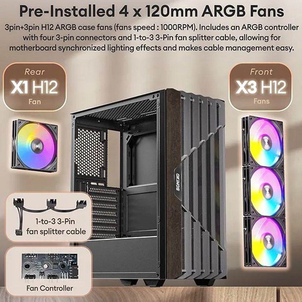 OKINOS Cypress P5 Black Mid-Tower ATX PC Case Oak Wood Trim Tempered Glass 4x120mm ARGB Fans Type-C