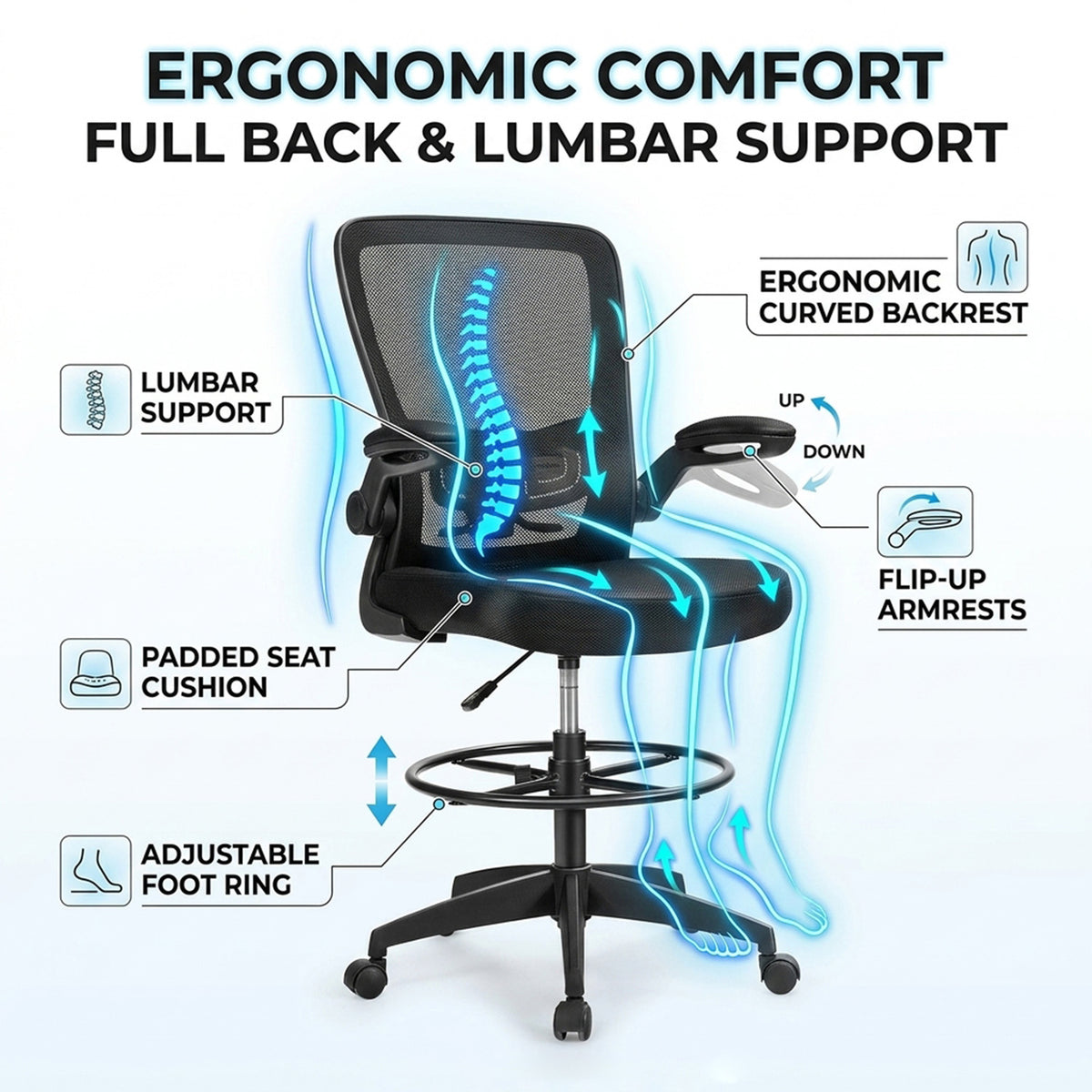 Ergonomic Drafting Chair Adjustable Flip Up Armrest Office Drawing Stool
