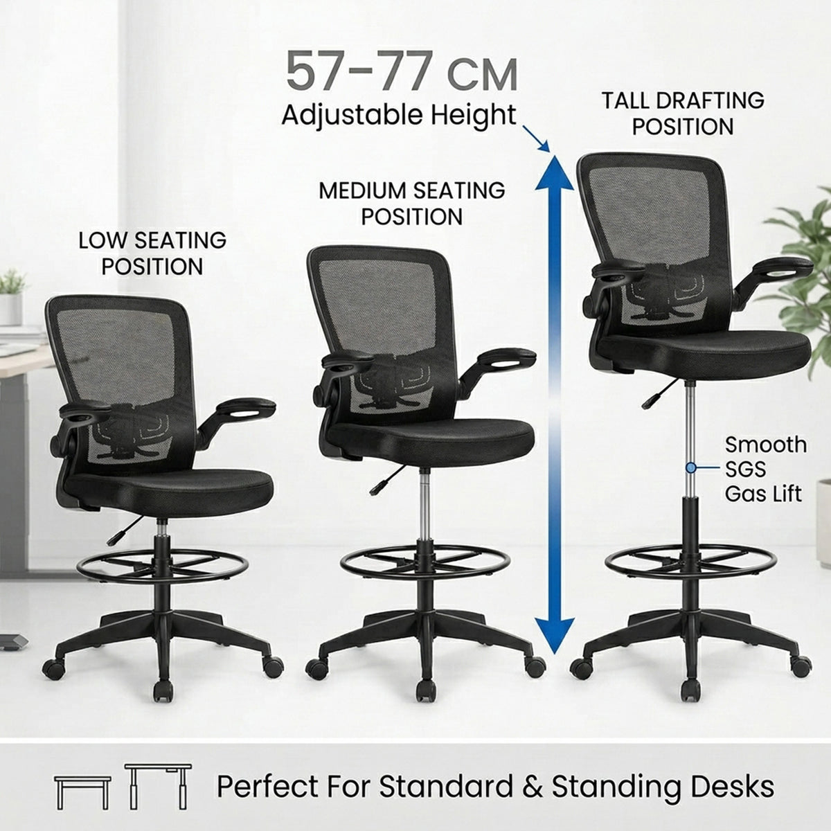 Ergonomic Drafting Chair Adjustable Flip Up Armrest Office Drawing Stool