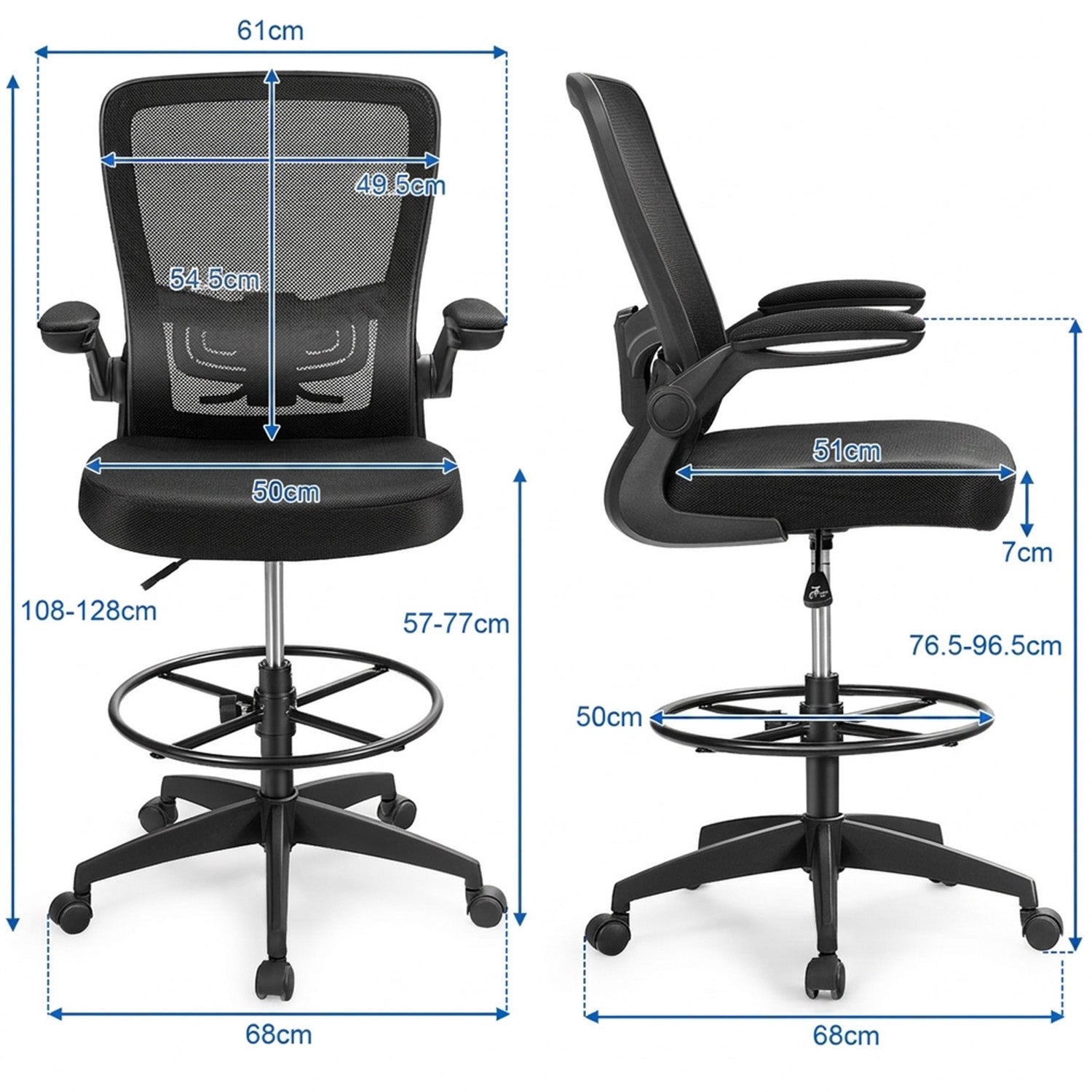 Ergonomic Drafting Chair Adjustable Flip Up Armrest Office Drawing Stool