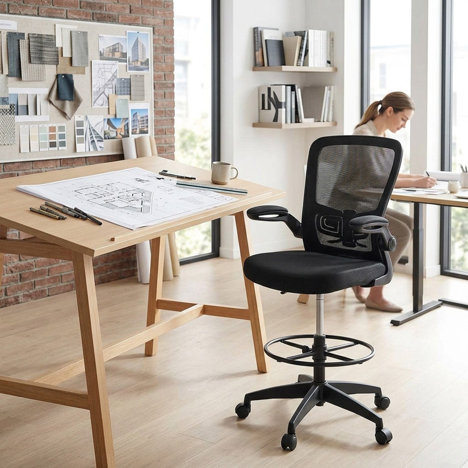 Ergonomic Drafting Chair Adjustable Flip Up Armrest Office Drawing Stool