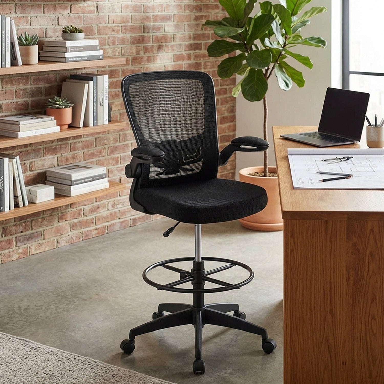 Ergonomic Drafting Chair Adjustable Flip Up Armrest Office Drawing Stool