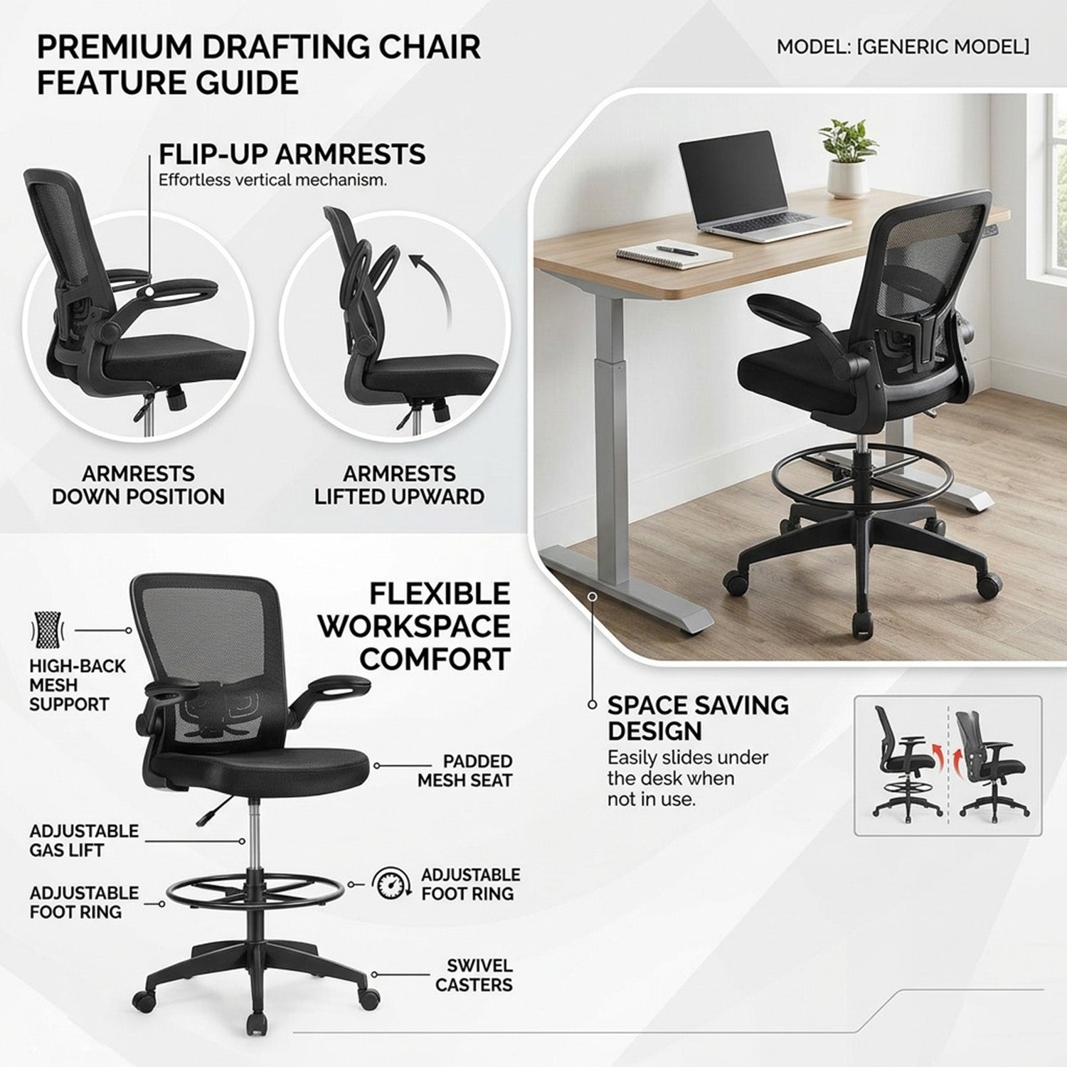 Ergonomic Drafting Chair Adjustable Flip Up Armrest Office Drawing Stool