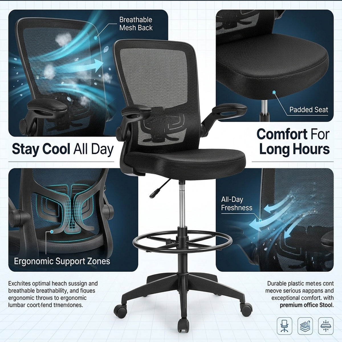 Ergonomic Drafting Chair Adjustable Flip Up Armrest Office Drawing Stool