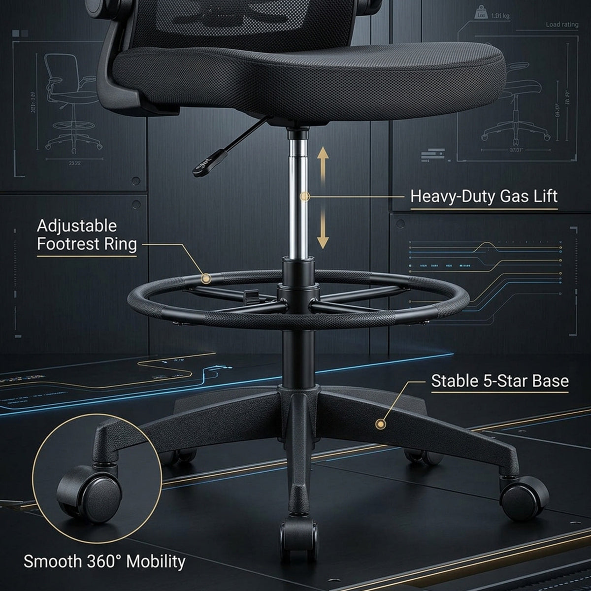 Ergonomic Drafting Chair Adjustable Flip Up Armrest Office Drawing Stool