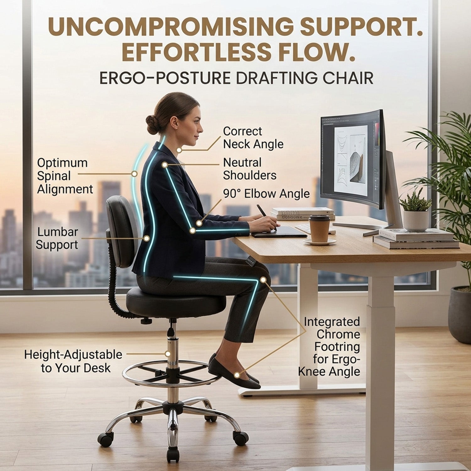 Ergonomic Drafting Chair Adjustable Backrest Office Drawing Stool Seat