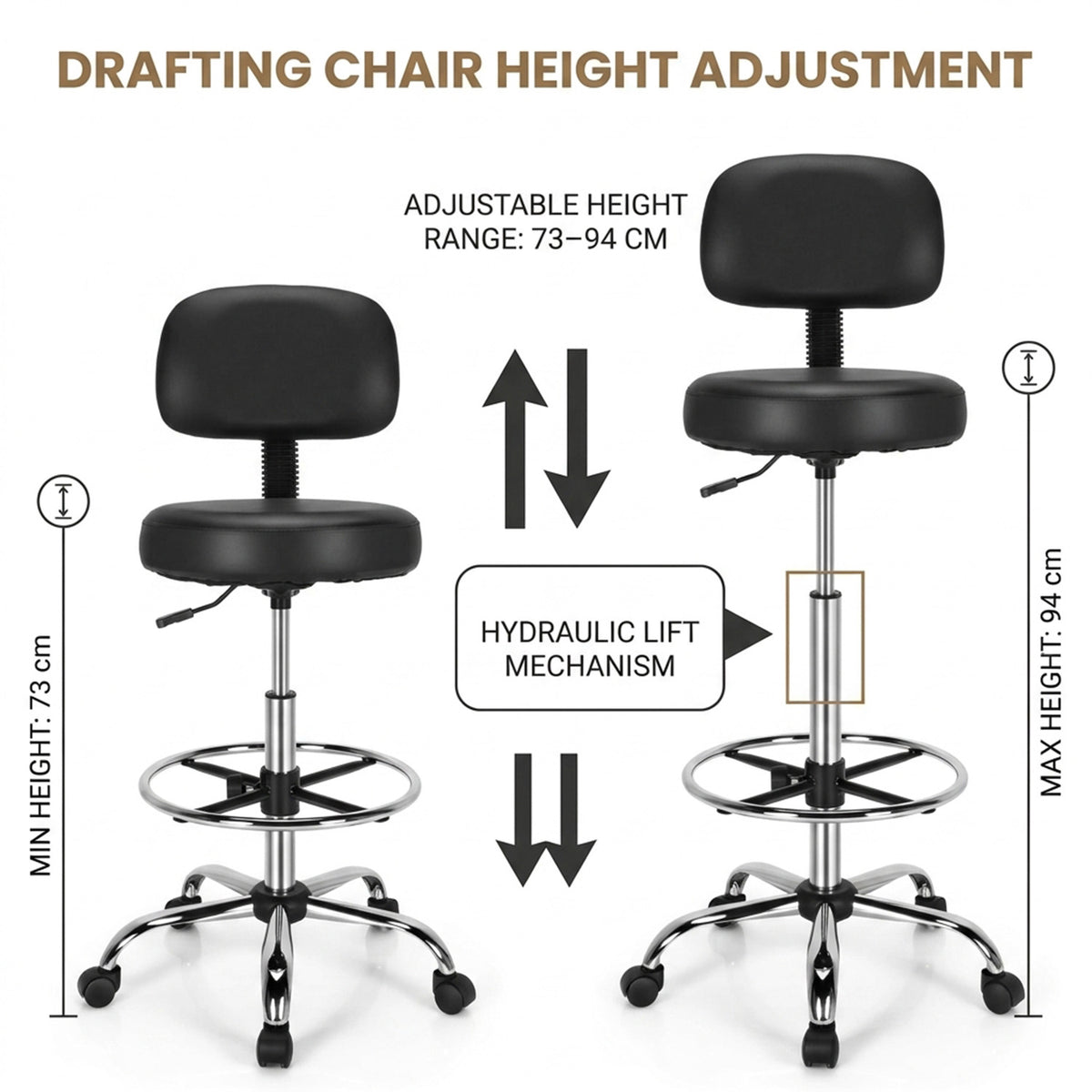 Ergonomic Drafting Chair Adjustable Backrest Office Drawing Stool Seat