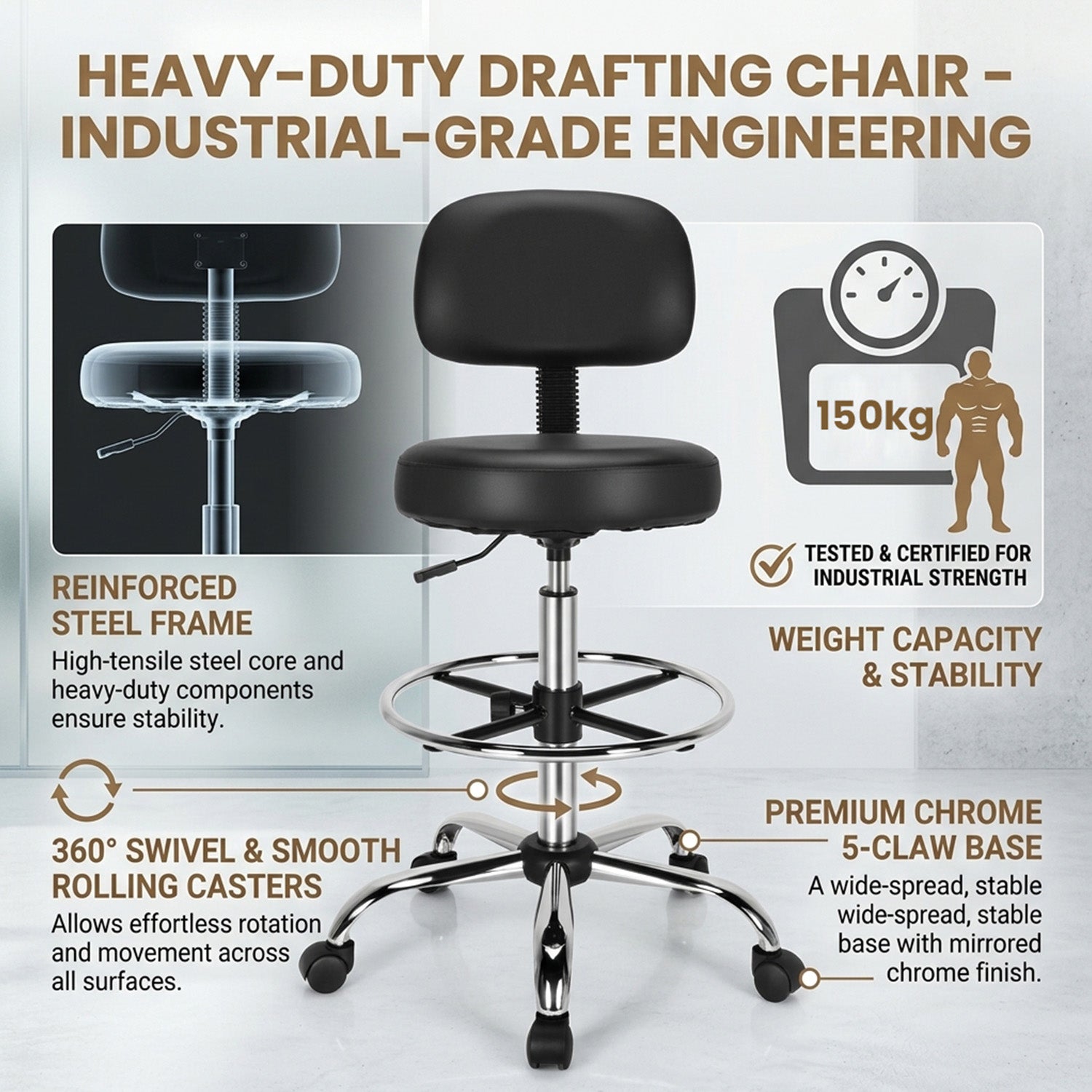 Ergonomic Drafting Chair Adjustable Backrest Office Drawing Stool Seat