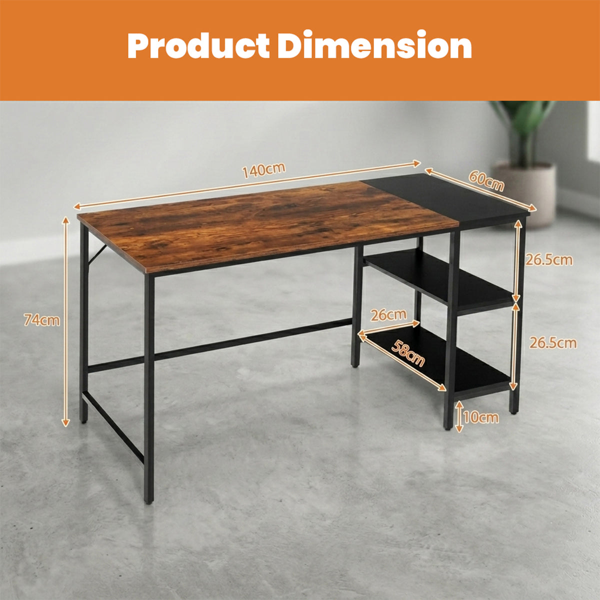 140cm Computer Desk 2 Tier Storage Shelves Steel Frame Office Study Table Brown