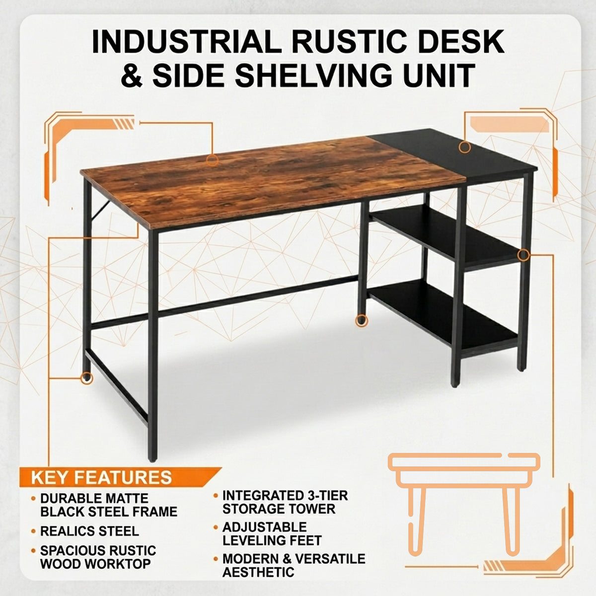 140cm Computer Desk 2 Tier Storage Shelves Steel Frame Office Study Table Brown